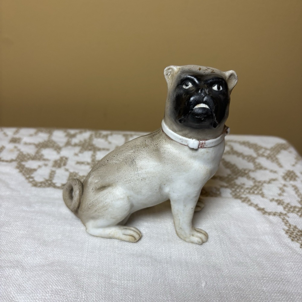 Antique Pug Dog Figurine Black Mask Face White Collar Victorian Era